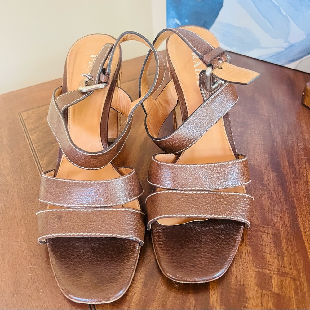 Prada Dark Brown 3” Heels with Woven Block Design Sz 39.5